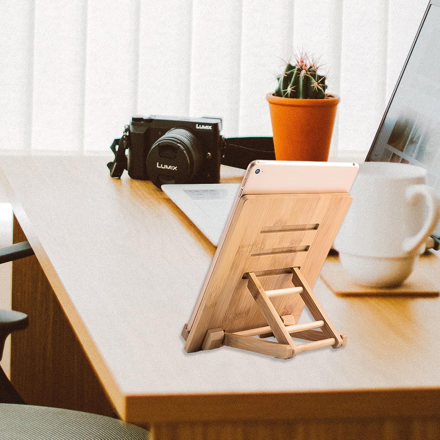 Bamboo Tablet Holder - Adjustable Folding iPad Stand with Charge Port for Desk or Cooking