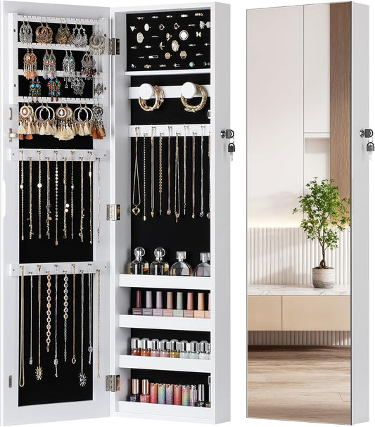 Nicetree Jewelry Armoire with Mirror, Wall/Door Mounted Jewelry Cabinet, Lockable Jewelry Organizer with Full-Length Mirror, Frameless Mirror with Storage, Black Lining