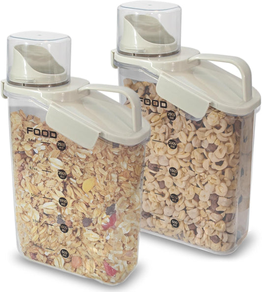 Two Pack Food & Cereal Storage Container - 2.6L Airtight Plastic Kitchen Organizer Bin with Pouring Spout, Measuring Cup Lid, Ideal for Dry Food, Rice, Sugar, Pet Food dispenser - BPA free