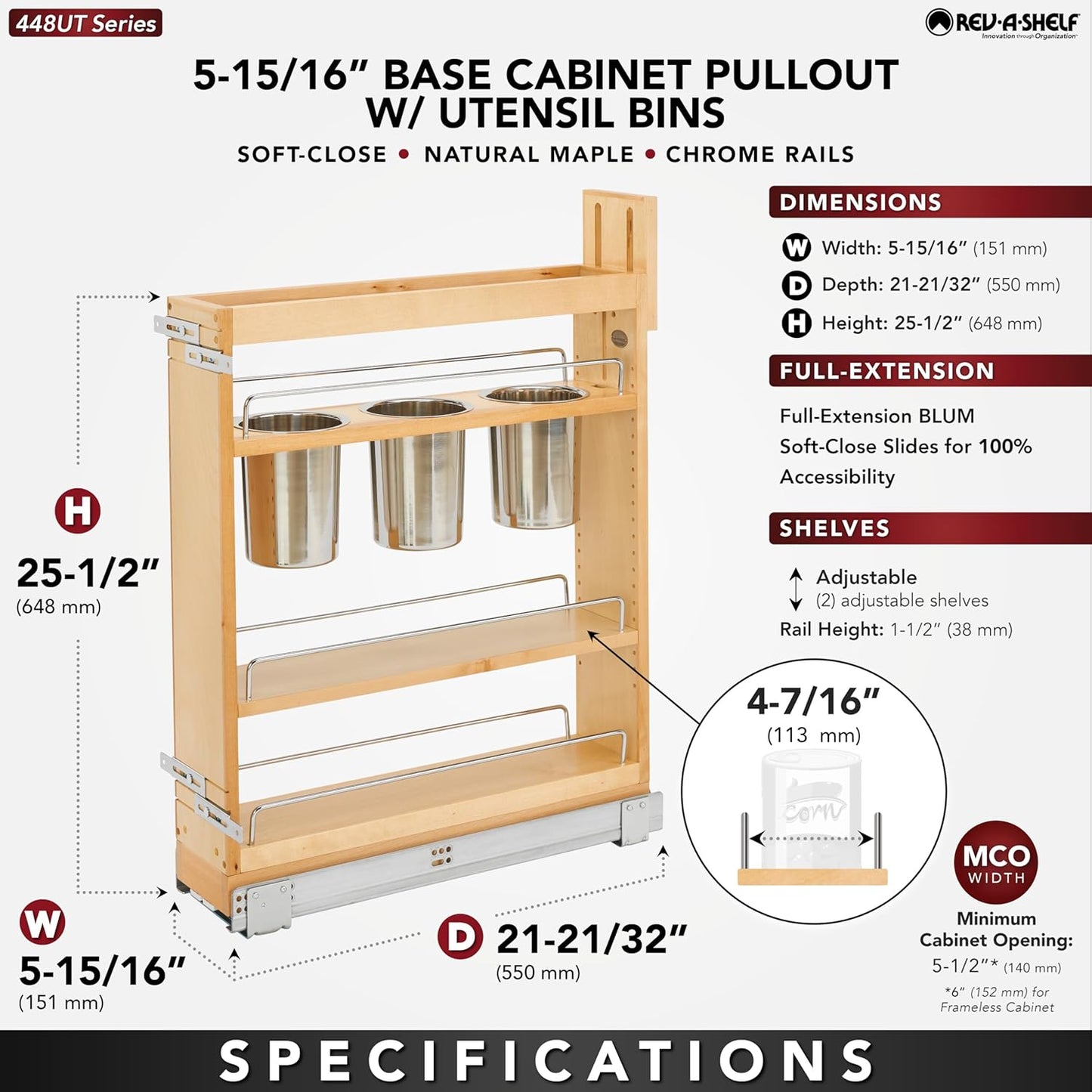 Rev-A-Shelf 5" Pull Out Storage Organizer for Base Kitchen w/ Soft-Close, Sliding Shelves for Utilities, Utensils or Spices, 448UT-BCSC-5C