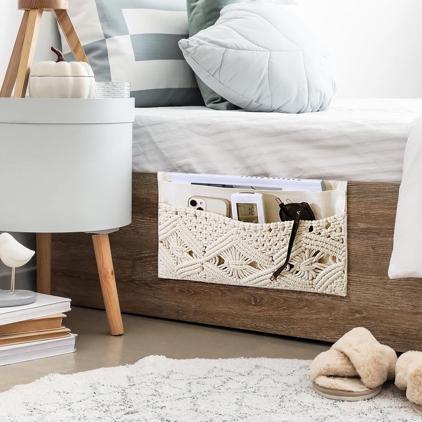 JaGely 2 Pcs 17.3 x 13 Inch Macrame Bedside Caddy Storage Organizer Hanging Boho Remote Control Holder Bedside Storage Basket for Home Couch Tablet Magazine Holder for TV Remote Control Living Room
