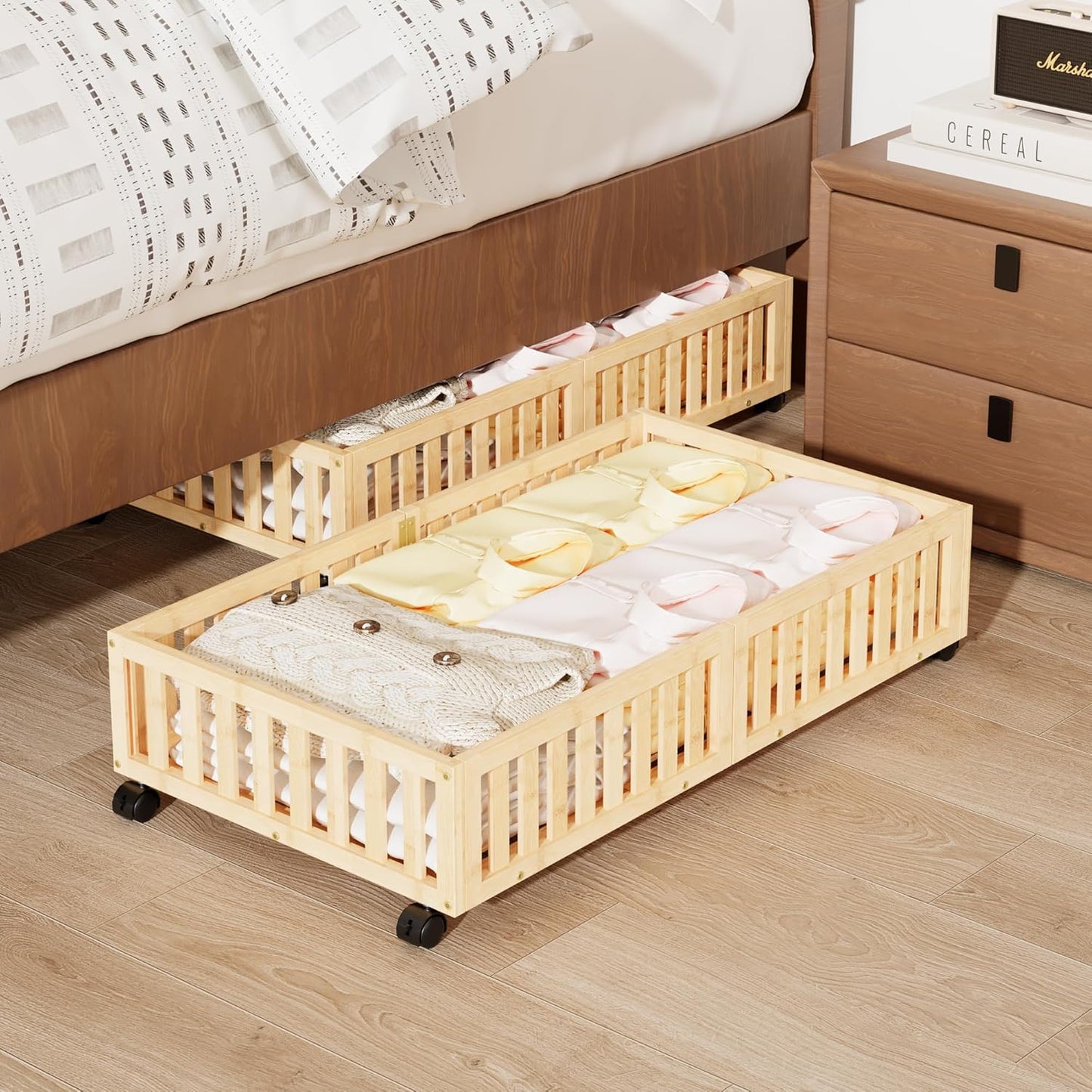 Bamboo Under Bed Storage with Wheels,Rolling Underbed Shoe Organizer Box for Shoes,Blankets,Toys,Clothes Container Space-Saving Bins for Bedroom,Closet,Dorm,Nursery