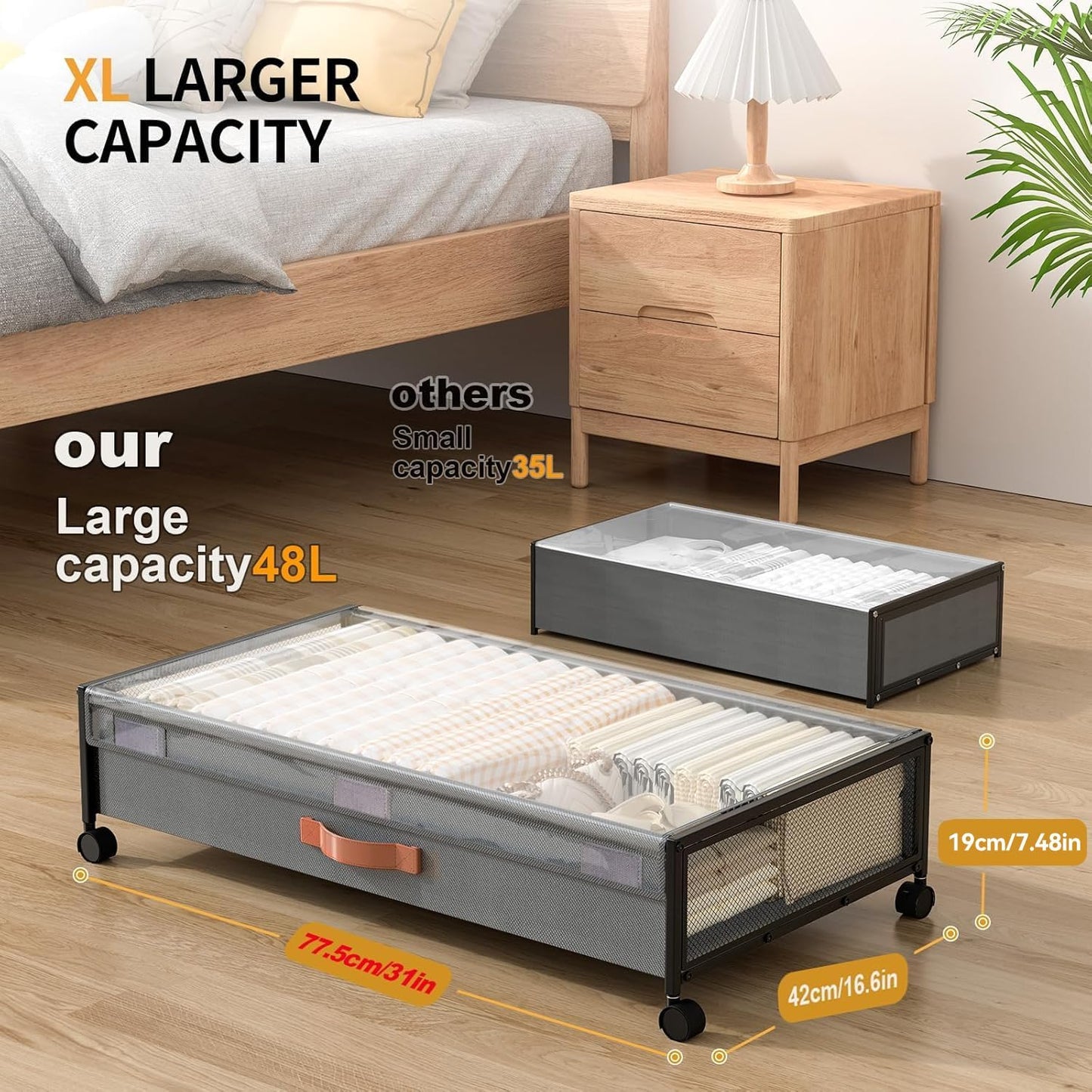 Under Bed Storage Containers with Wheels 54L Large Underbed Shoes Blankets Clothes Toy Storage Drawers for College Dorms Bedrooms Nursery Rooms Organization… (Grey 2 Pack, XXL(31"x16.6"x7.48"))