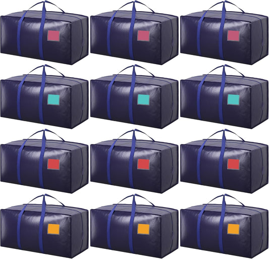 12 Pack Extra Large Heavy Duty Moving Bags with Reinforced Zipper & Wide Handles, Moisture-Resistant Storage Bins Packing Cubes for Clothes, College Dorm, Travel, and Home Organization, DarkBlue