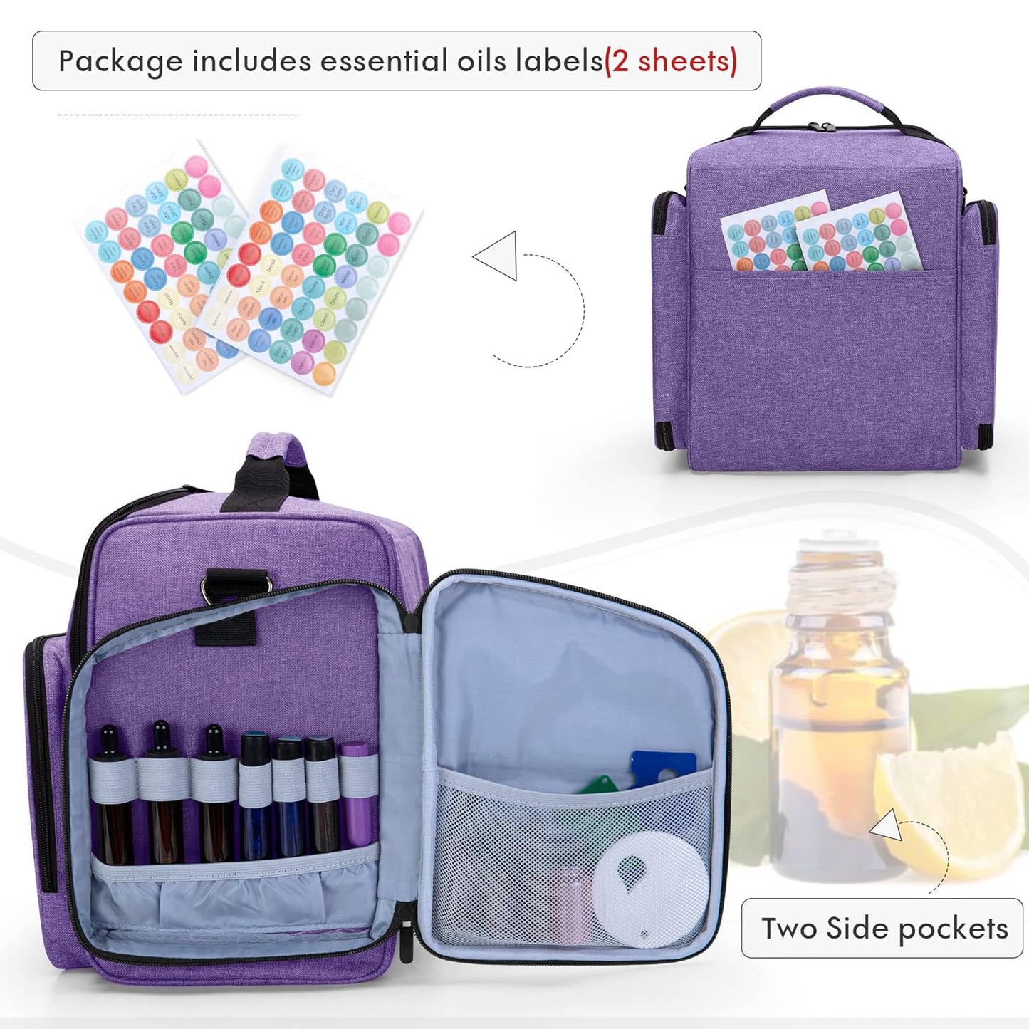 BAFASO Essential Oil Storage with 2 Sheet Labels, Essential Oil Case Holds 72 Bottles (15ml - 30ml), Purple