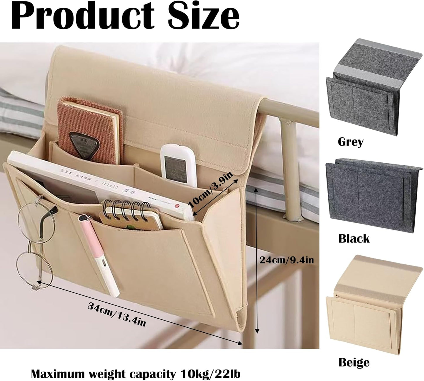 Bedside Caddy, 5 Pockets Felt Bedside Storage Organizer, Hanging Storage Organizer for Home Bedroom Living Room College Dorm Bed Water Bottles, Magazines, Phone, Glasses (Black)
