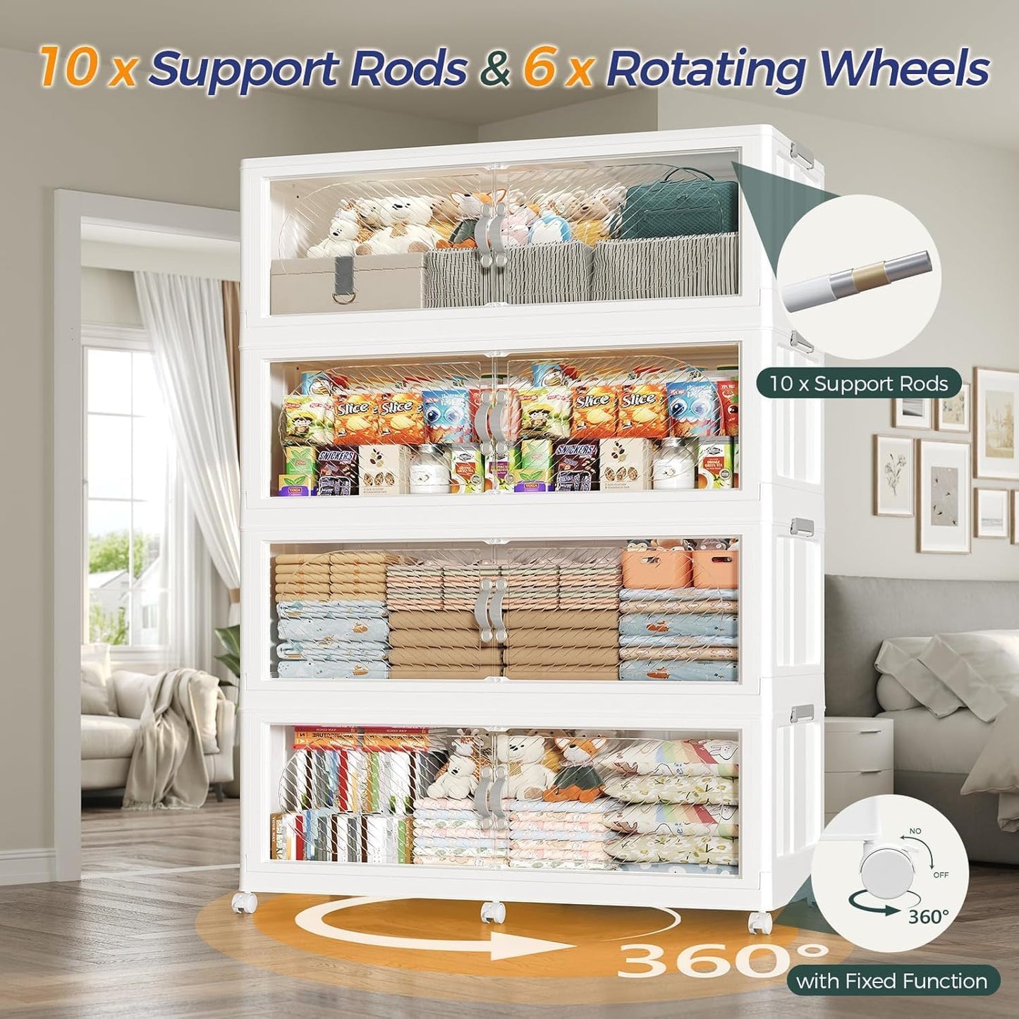 1200QT Extra Large Stackable Storage Bins with Lid & Wheels & Doors, 300Gal Foldable Collapsible Closet Organizers, Plastic Cabinet Box Container Drawer for Home Kitchen Bedroom, 5Pack White