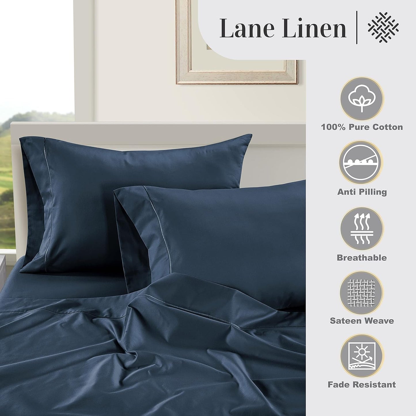 LANE LINEN Pillow Case Covers King Set of 2 100% Egyptian Cotton Sateen Soft Cool & Smooth 1000 Thread Count Cases - Denim