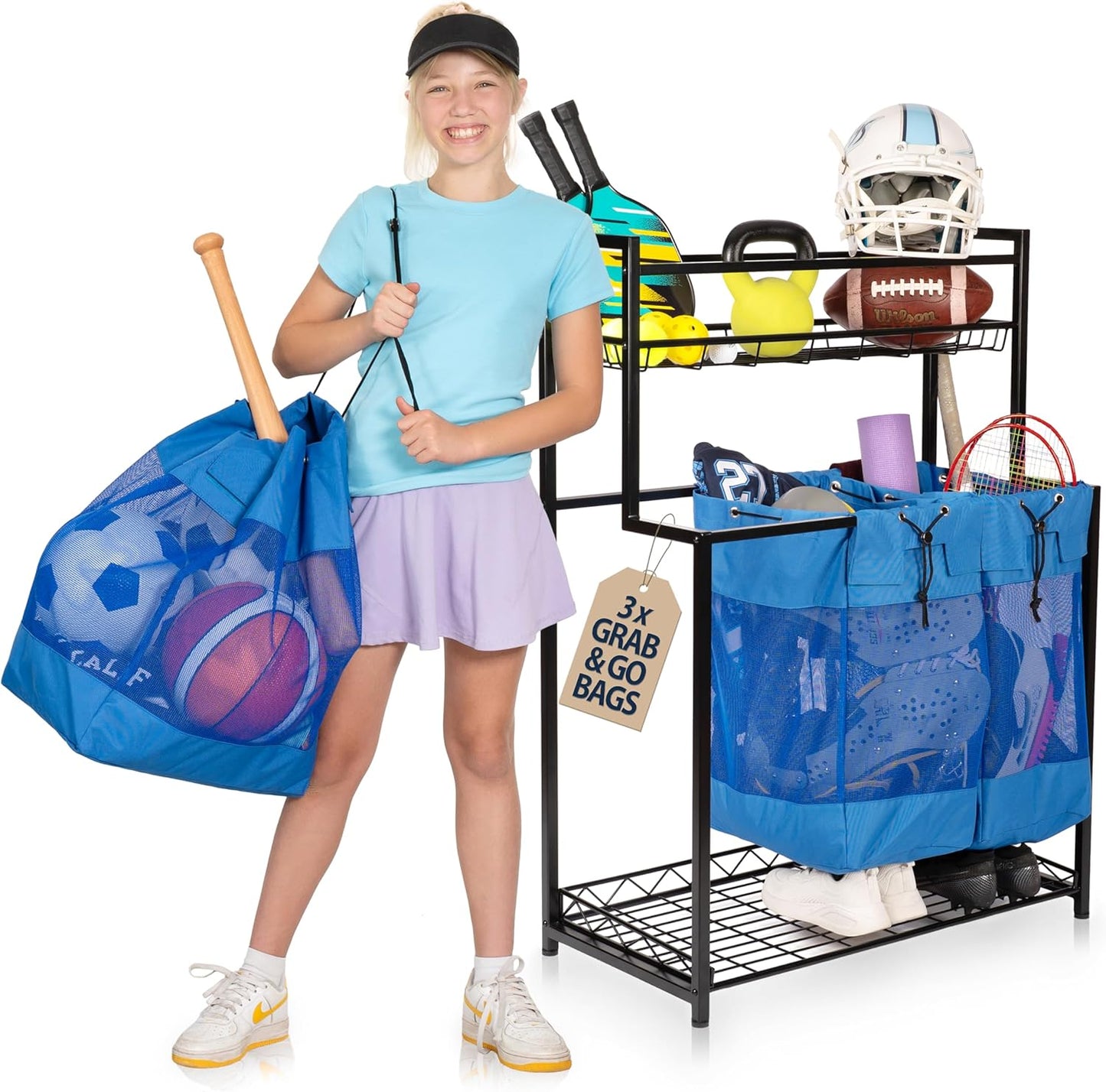 KASSELL Garage Sports Organizer Storage rack for sports equipment Ball, Heavy Duty Toy and Gear Storage Organizer with Grab and go bags (Blue)