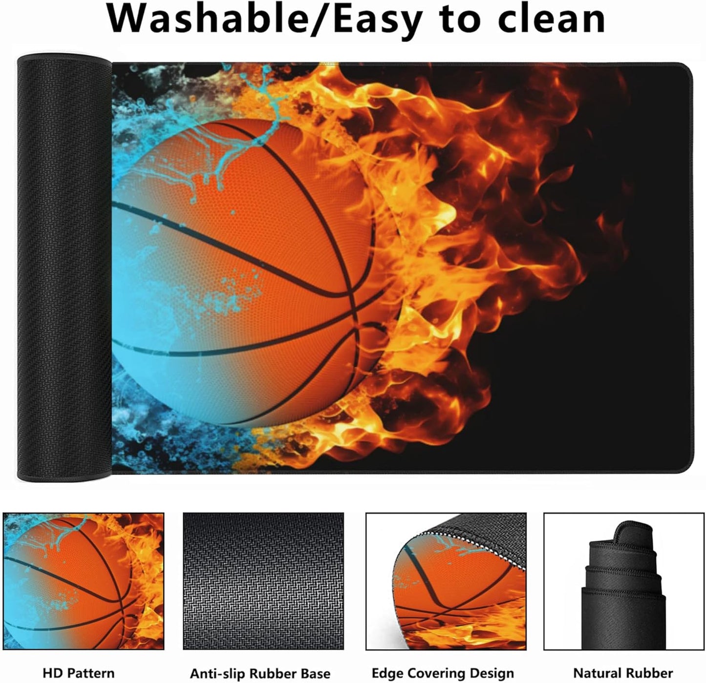 Gaming Mouse Mat Basketball Ball in Fire and Water Large Mouse Pad Extended Mouse Pad Desk Mat Non-Slip Rubber Base Mice Pad Desk Pad for Office Game Home 35.4x15.75 in