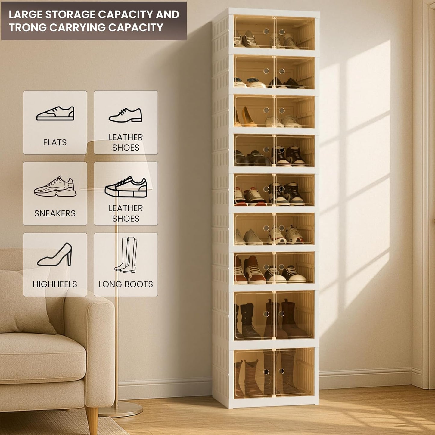 Foldable Shoe Organizer Storage Box, Portable Extra Large Folding Shoe Rack for Closet, Shoe Storage Box with Magnetic Transparent Door and Wheels, 9 Layers 18 Grids with 4 Big Grids
