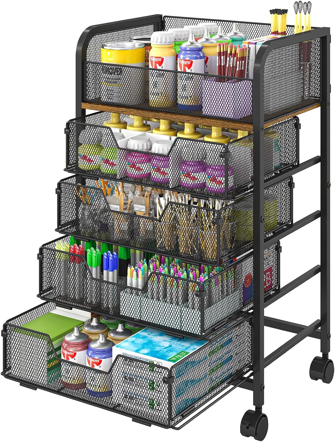5-Tier Craft Organizer Cart with Wheels-Storage Cart with Drawers,Lockable Wheels Rolling Utility Cart,Makeup Cart with DIY Divider,Office Supply Organizer Storage for Studio,Office,Bedroom,Black