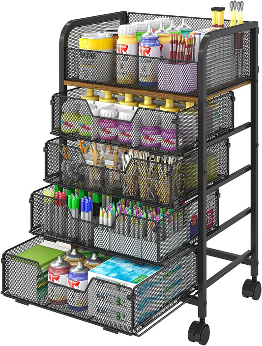 5-Tier Craft Organizer Cart with Wheels-Storage Cart with Drawers,Lockable Wheels Rolling Utility Cart,Makeup Cart with DIY Divider,Office Supply Organizer Storage for Studio,Office,Bedroom,Black