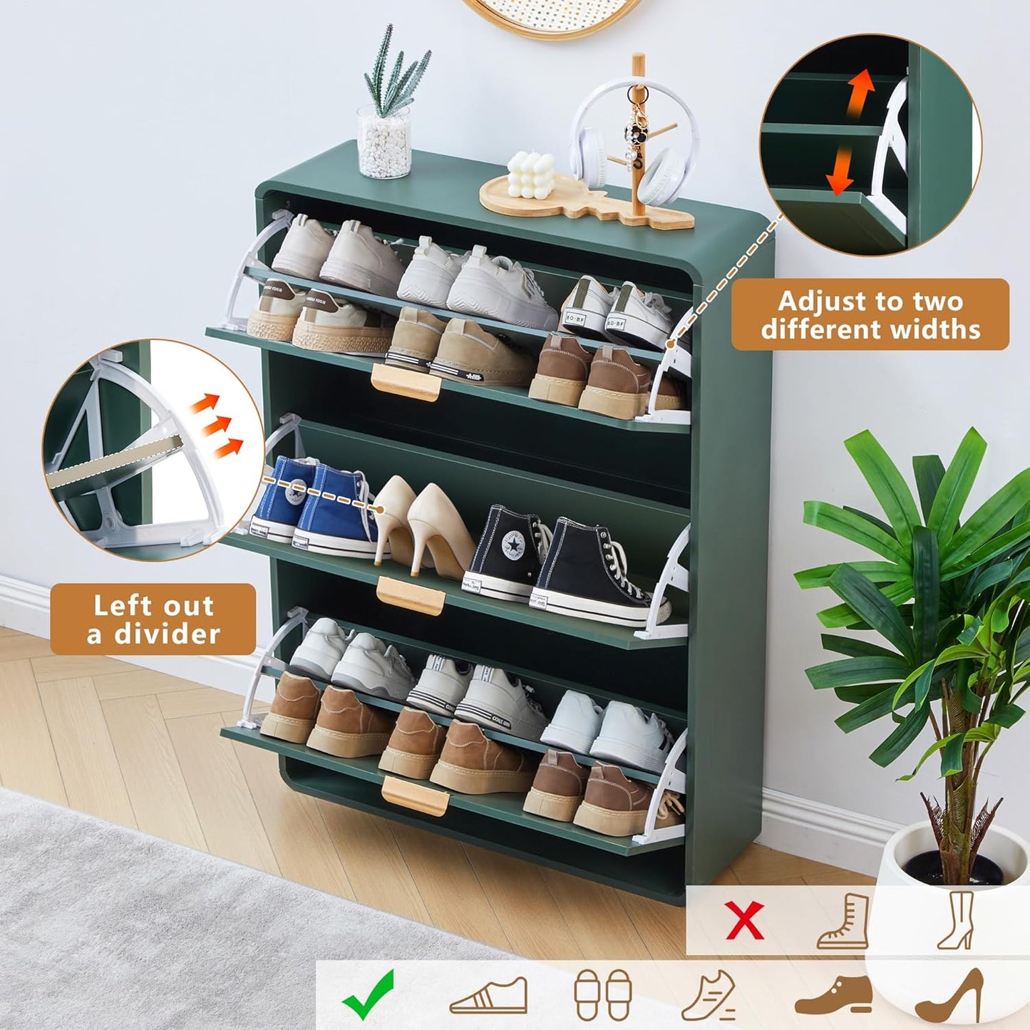 Hidden Shoe Cabinet with Drawer, Free Standing Narrow Shoe Rack Cabinet for Entryway Slim, 3 Flip Drawer Shoe Storage Organizer Cabinet for Entry,Hallway,Door,Dorm,Small Spaces - Green