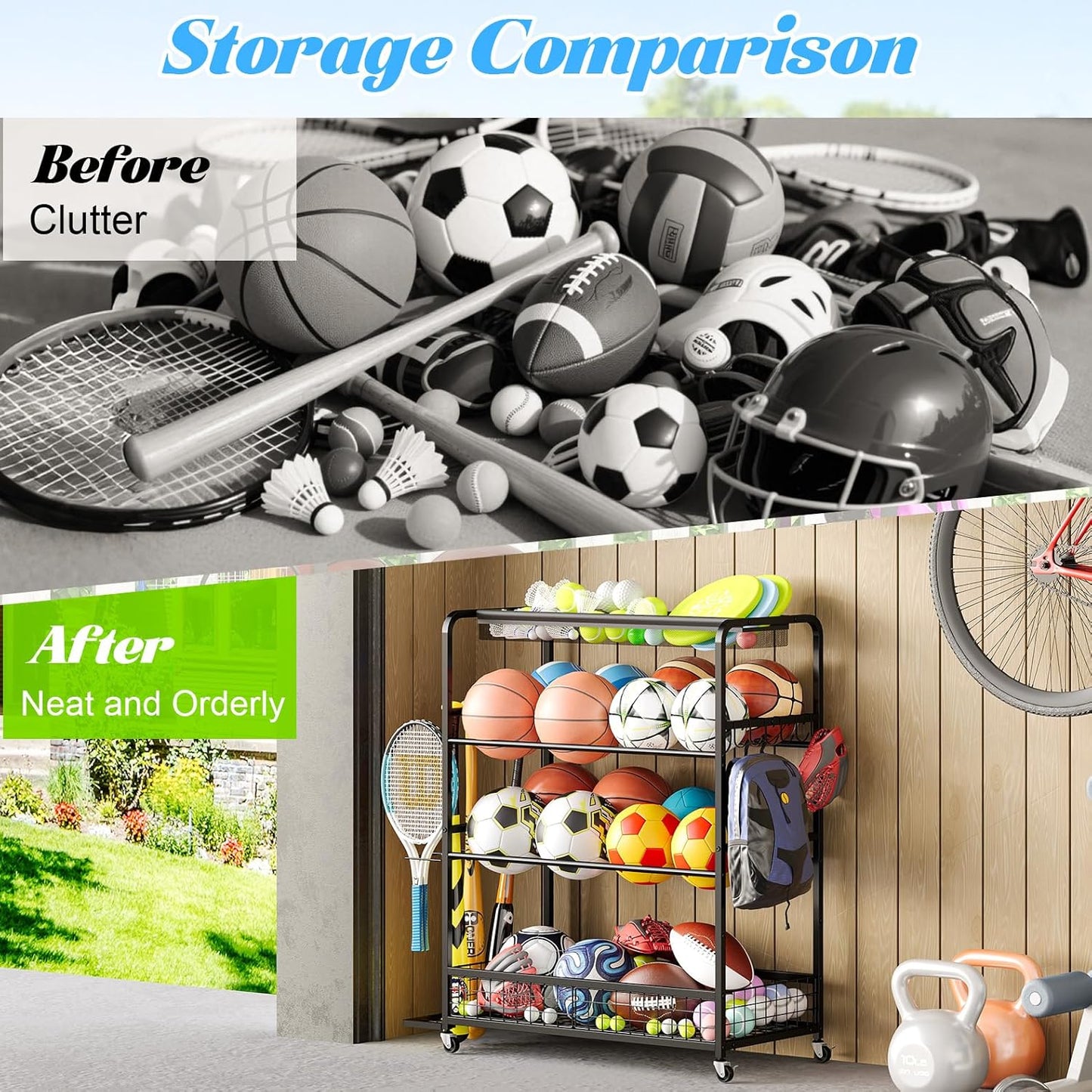 Garage Sports Equipment Organizer,Sports Ball Organizer with Wheels,Basket,Ball Organizer with Baseball Bat Rack and HooksToy Storage Rolling Cart-Black