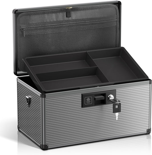Medicine Lock Box with Key, Alluminum Alloy Box for Medication,First Aid Box with a Removeable Tray to Store Medicines & Pills for Home, Black, 14 * 8.46 * 7.48 Inch