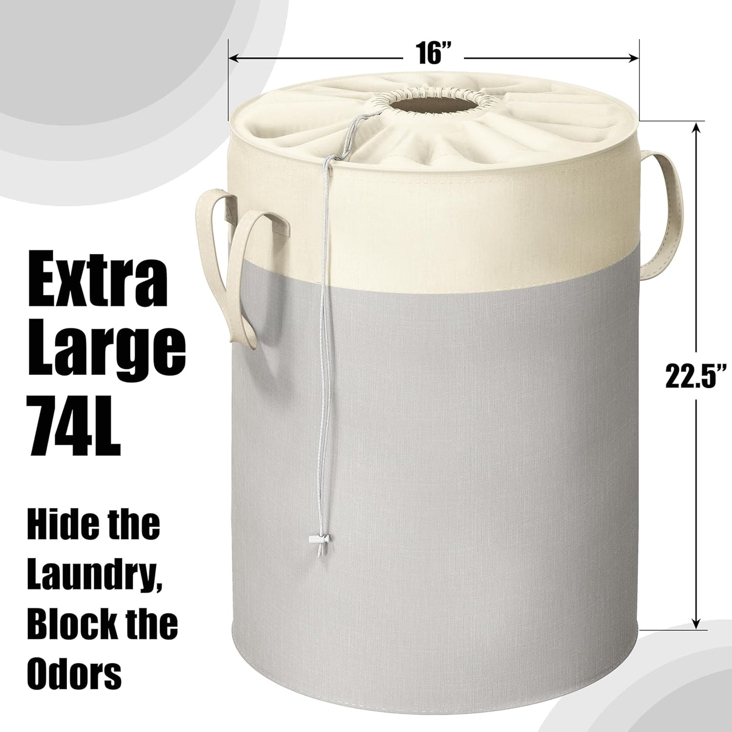 Simple Houseware 74L Collapsible Laundry Hamper, Round Cotton Basket with Drawstring Closure and Handles, 2 Pack, Gray