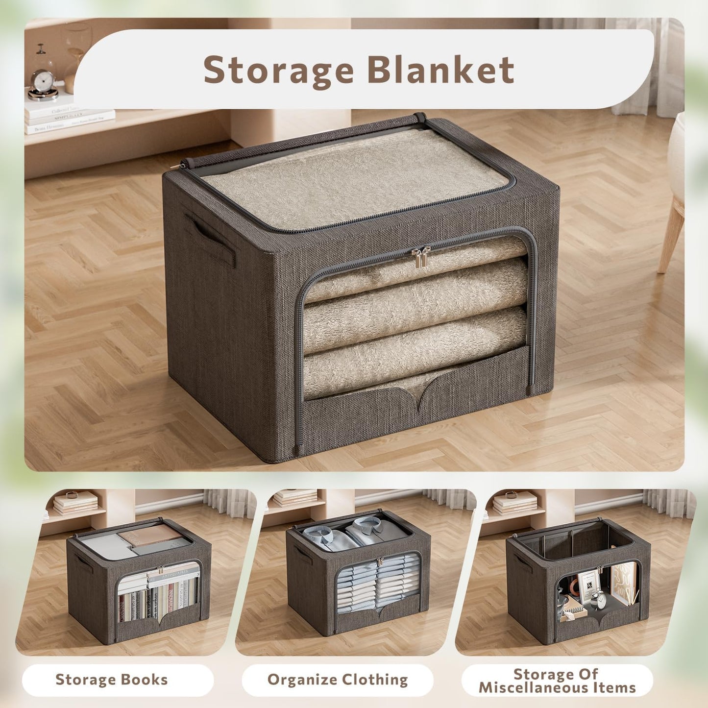 FHSQX 3 Pack Clothes Storage Bins Foldable Metal Frame Storage Box Stackable Linen Fabric Organizer Set with Carrying Handles and Clear Window (Dark Gray, 15.7x11.8x7.8inch(22L))