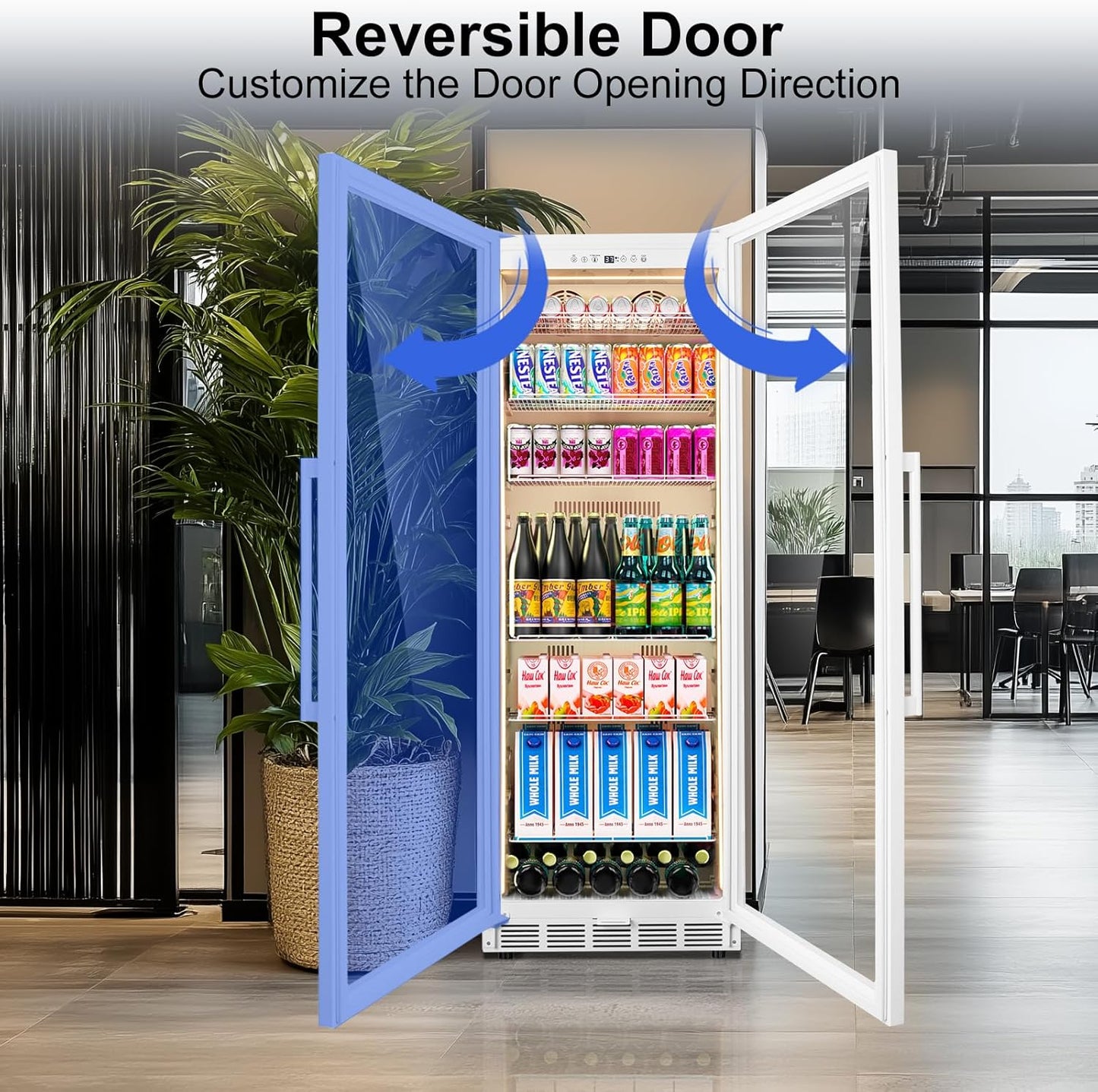 Commercial Display Refrigerator with Glass Door, Upright Beverage Cooler Merchandiser with Reversible Door, Drink Fridge with Door Lock for Restaurant Supermarket Convenience Store, 13.8 Cu.Ft