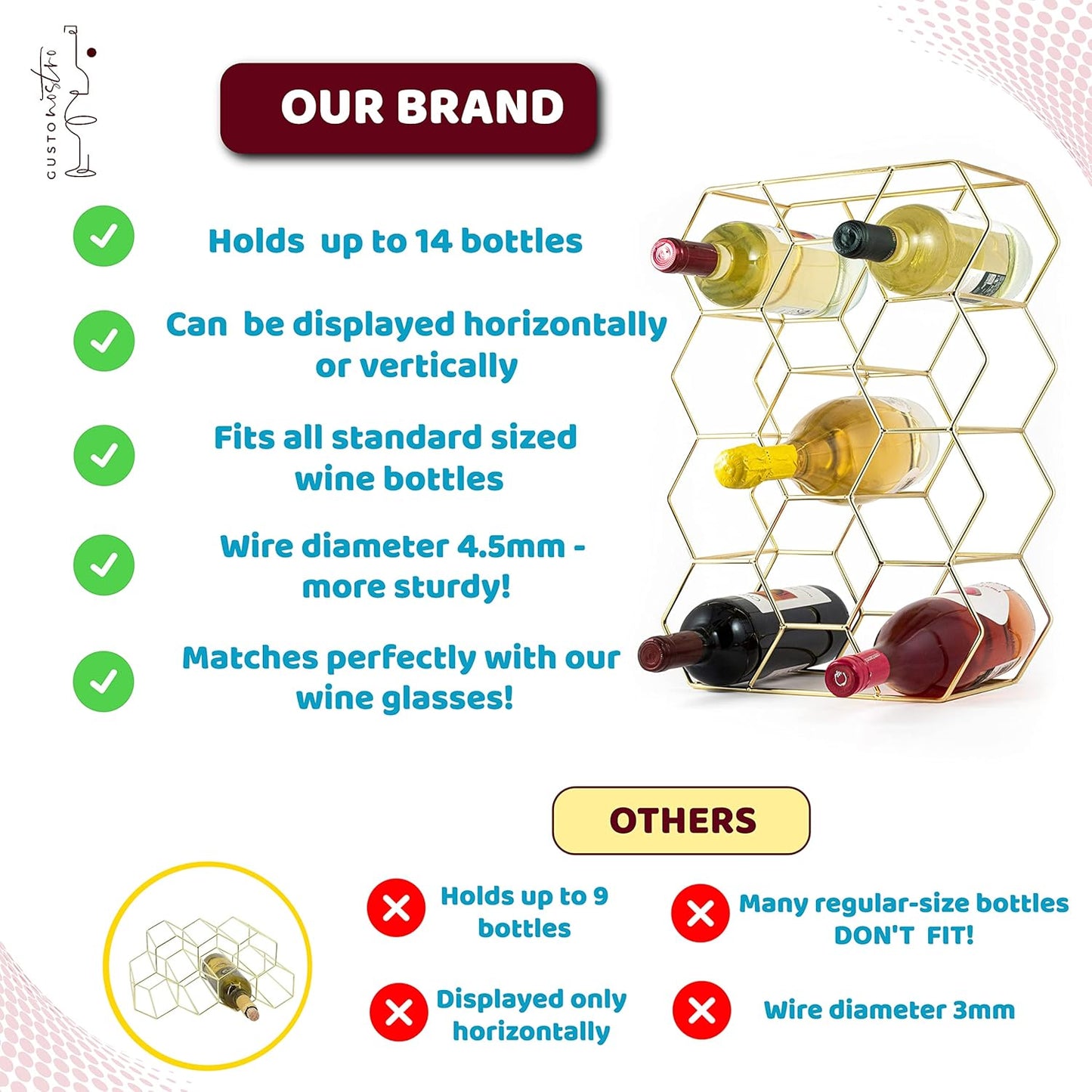Gusto Nostro Countertop Wine Rack - 14 Bottle Freestanding Modern Gold Metal Small Wine Rack - 3 Tier Tabletop Wine Holder Stand for Cabinet, Pantry, Wine Bottle Storage - No Assembly Required