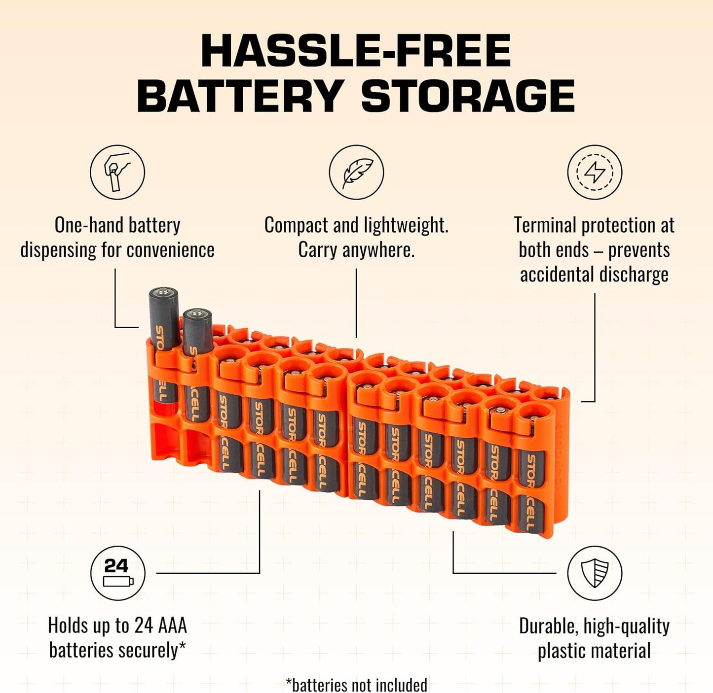 Storacell by Powerpax AAA Battery Storage Caddy, Orange - Holds 24 Batteries (Not Included)
