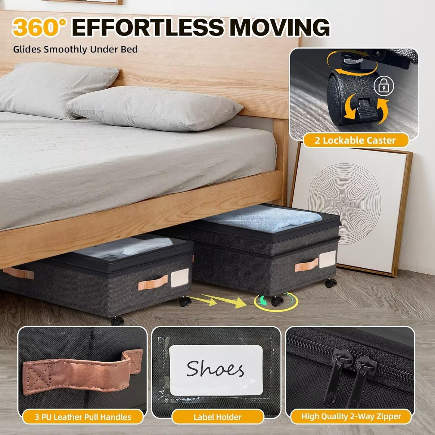 Under Bed Storage with Wheels, 2 Pack XXL Rolling Storage Containers, 10'' Adjustable Underbed Organizer with Lids for Clothes Blankets Shoes, Black