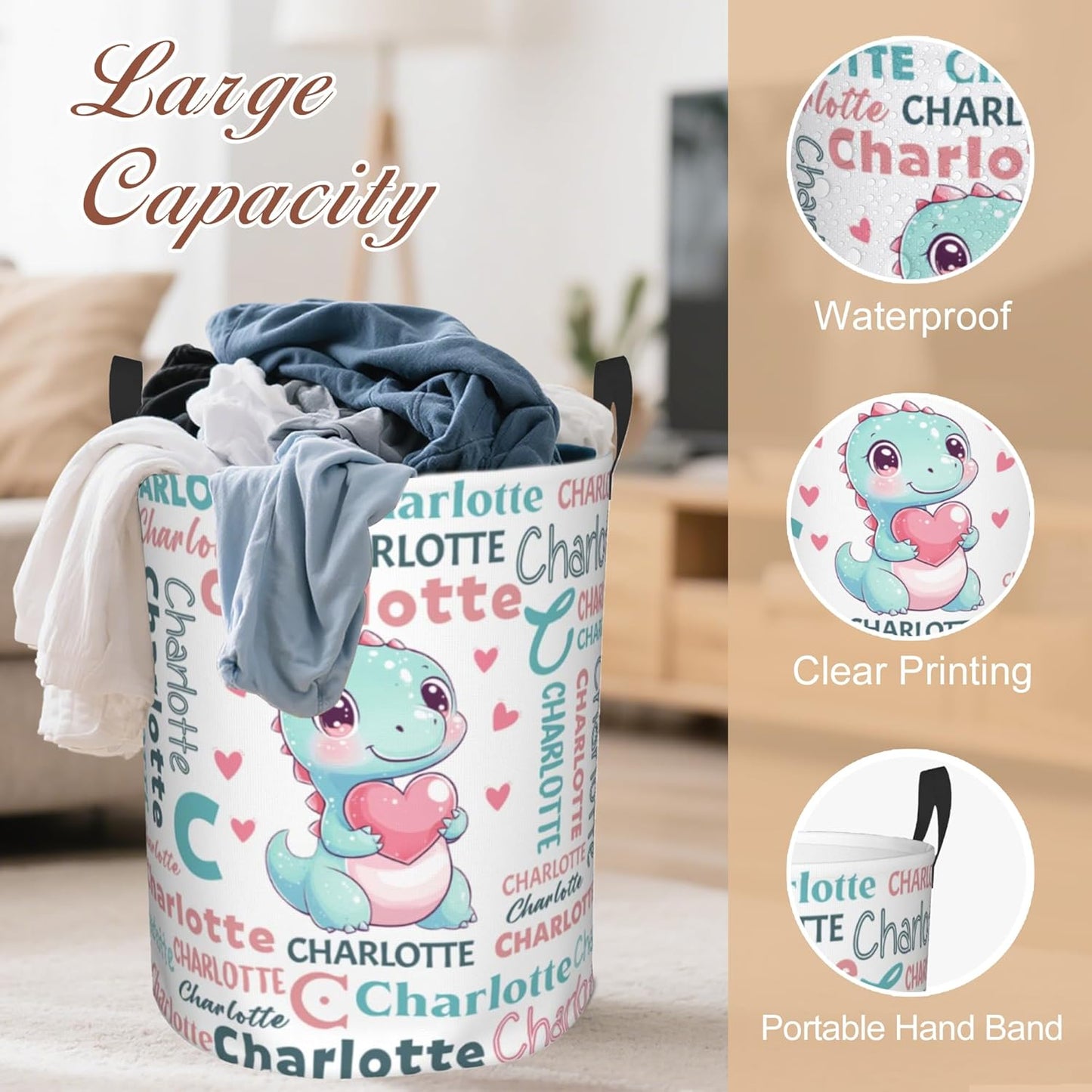 Custom Name Laundry Hamper, Personalized Dinosaur Laundry Basket with Name for Laundry Room Dorm Bedroom, Customized Name Dirty Clothes Hamper with Handles for Clothes Toy Boys Girls Men Women