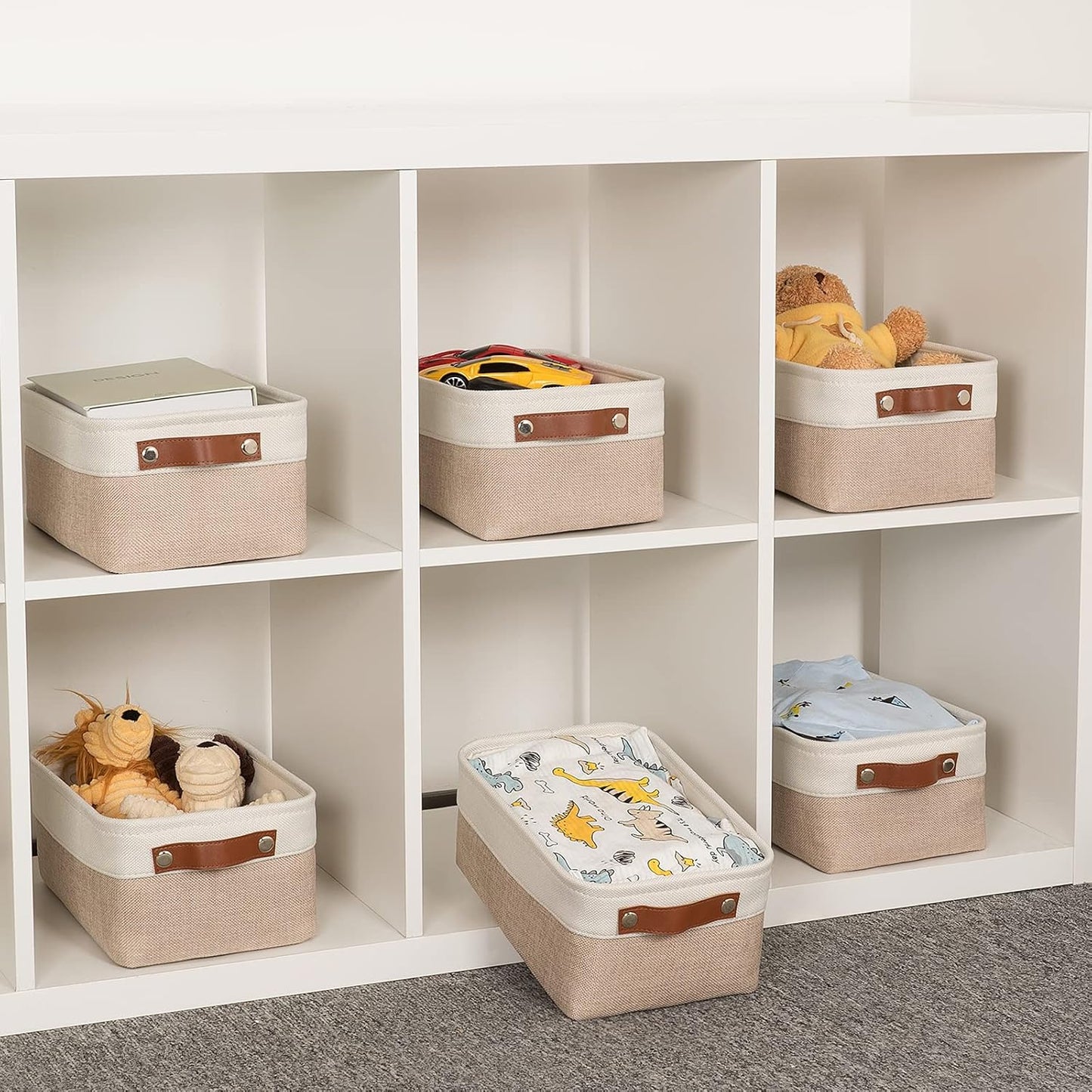 HNZIGE Small Fabric Baskets for Organizing(6 pack) Collapsible Storage Baskets for Shelves, Closets, Laundry, Nursery, Decorative Baskets for Gifts Empty (White&Beige, 11.8" x 7.8" x 5.1")