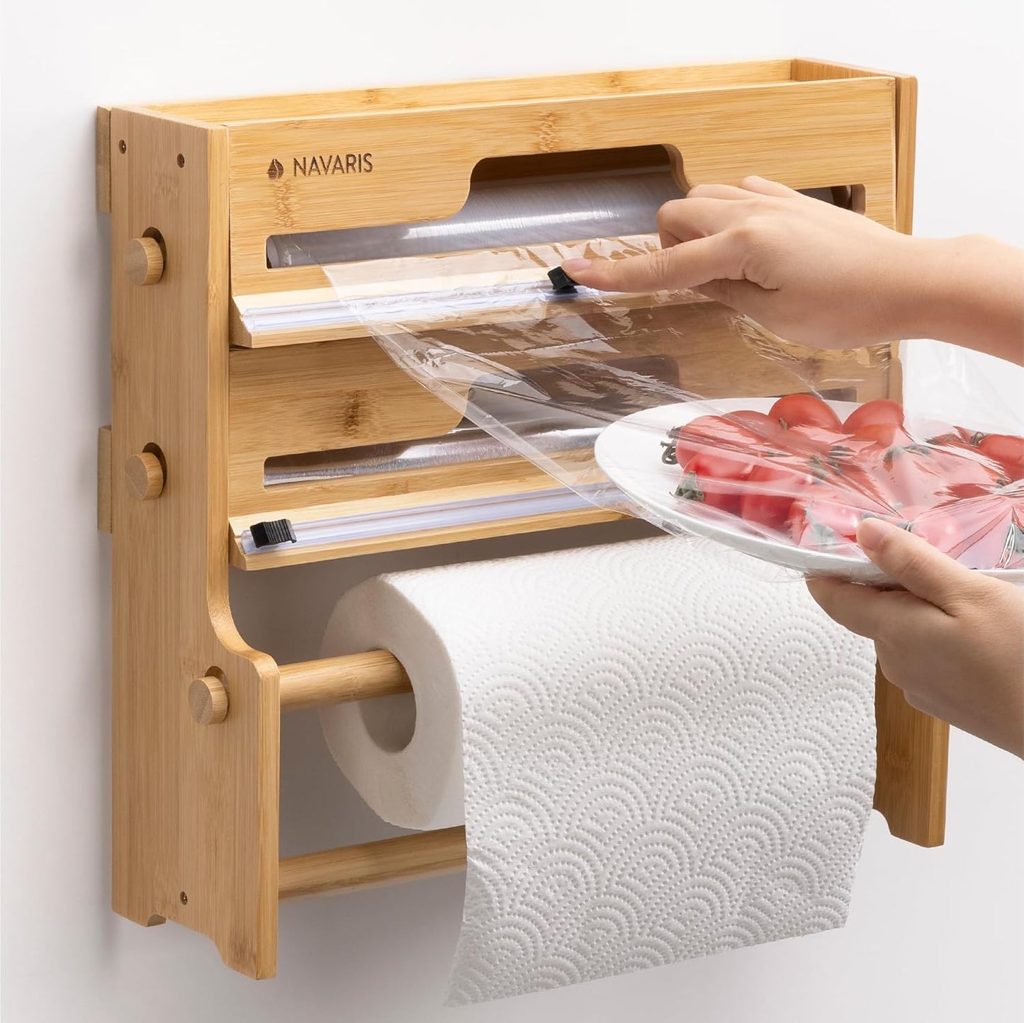 Navaris 3 in 1 Cling Film Dispenser with Cutter - Space Saving Kitchen Roll Storage and Foil Organizer - Bamboo Tin Foil and Clingfilm Holder with Utensil Area - Wall Mount Option