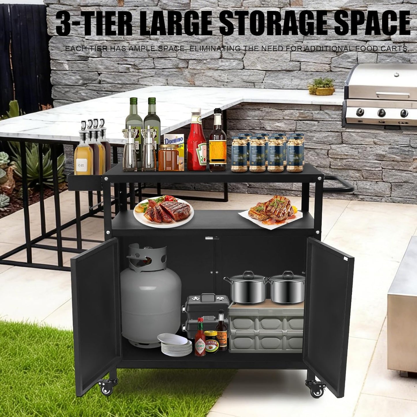 Grill Cart with Storage, Outdoor Bar Cart Rolling BBQ Cart Movable Pizza Oven Table Stand with Foldable Stainless Steel Top & Storage Cabinet, Black（34.6 x 17.7 x 34.6 Inch）