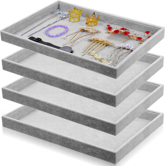 4 Pack Gray Velvet Stackable Jewelry Tray Showcase Display - 13.78 x 9.45 x 1.18 Inch, Stackable Necklace Bracelet Ring Showcase Display Empty Plate for Necklace Earring Ring Bracelet