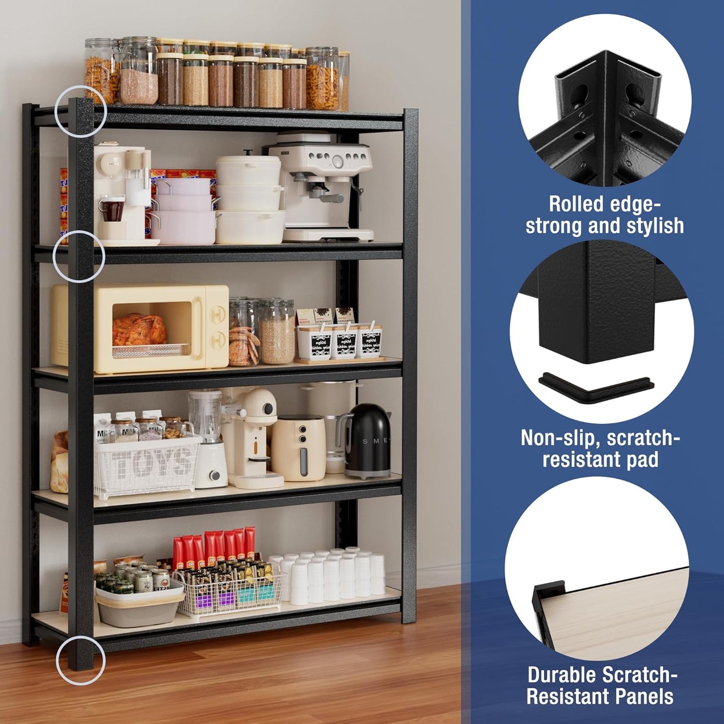 WORKPRO House 3000lbs 5-Tier Shelving Unit, 72" H Adjustable Storage Shelves, Boltless Book Shelf, Shelf Organizer for Kitchen, Living Room, Bathroom, Wood Grain Pattern, Waterproof Board, Black