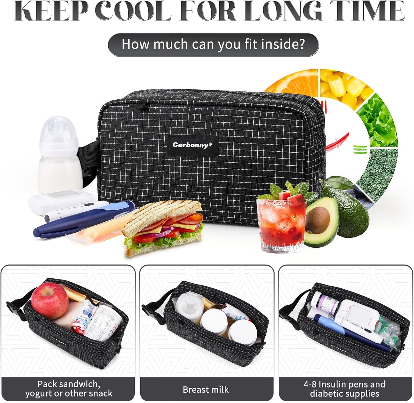 Cerbonny small lunch bag Freezable Lunch Bag for Work School Travel,Leak-proof Small Lunch Bag,Small Insulated Bag For Kids 3+/Adults,Freezer Lunch Bags,Freezable Snack Bag（Larger size）