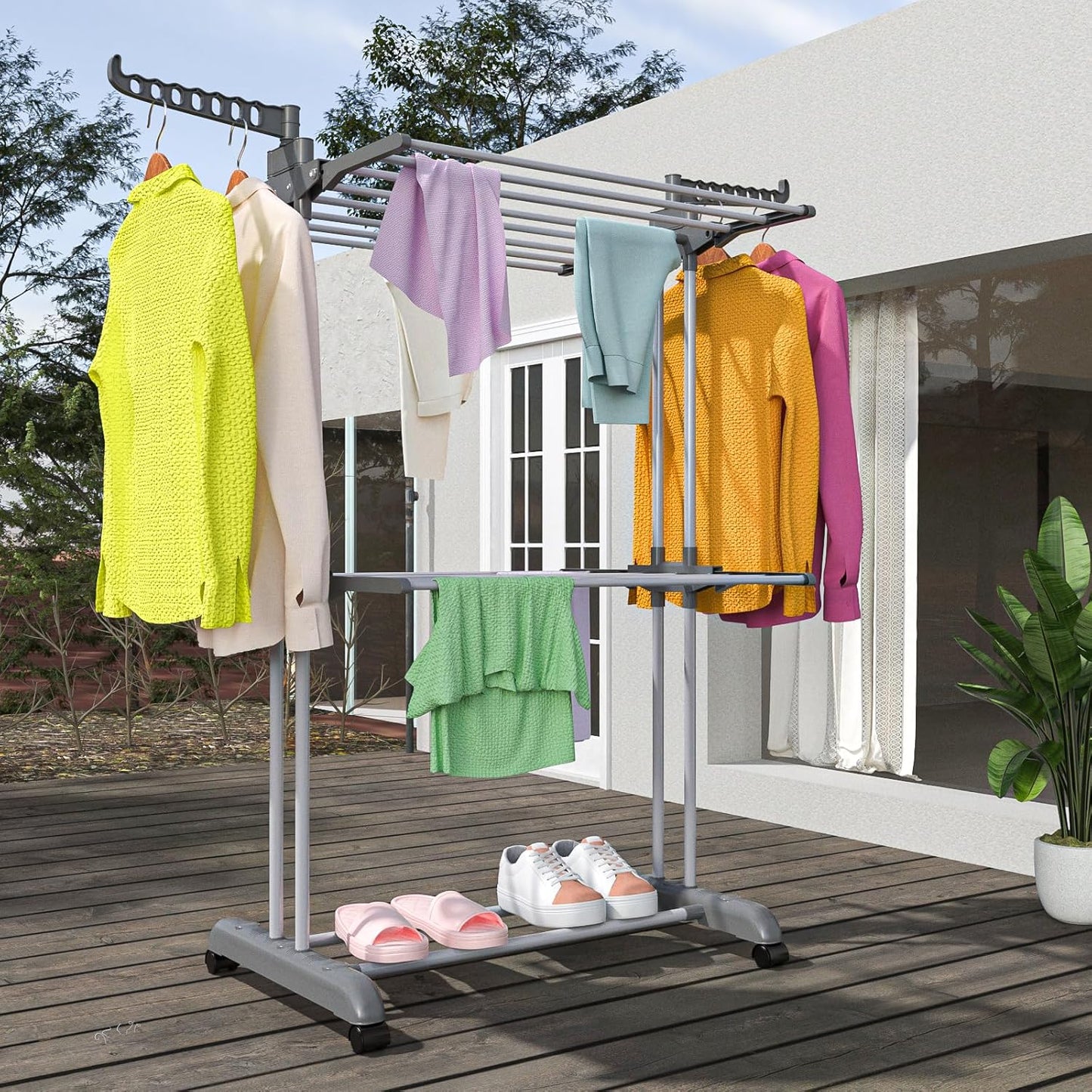 Bigzzia 3 Tier Clothes Drying Rack, 57 Inch Laundry Drying Rack, Foldable Stainless Steel Kids Clothing Rack, Movable Laundry Rack for Indoor Outdoor - Grey