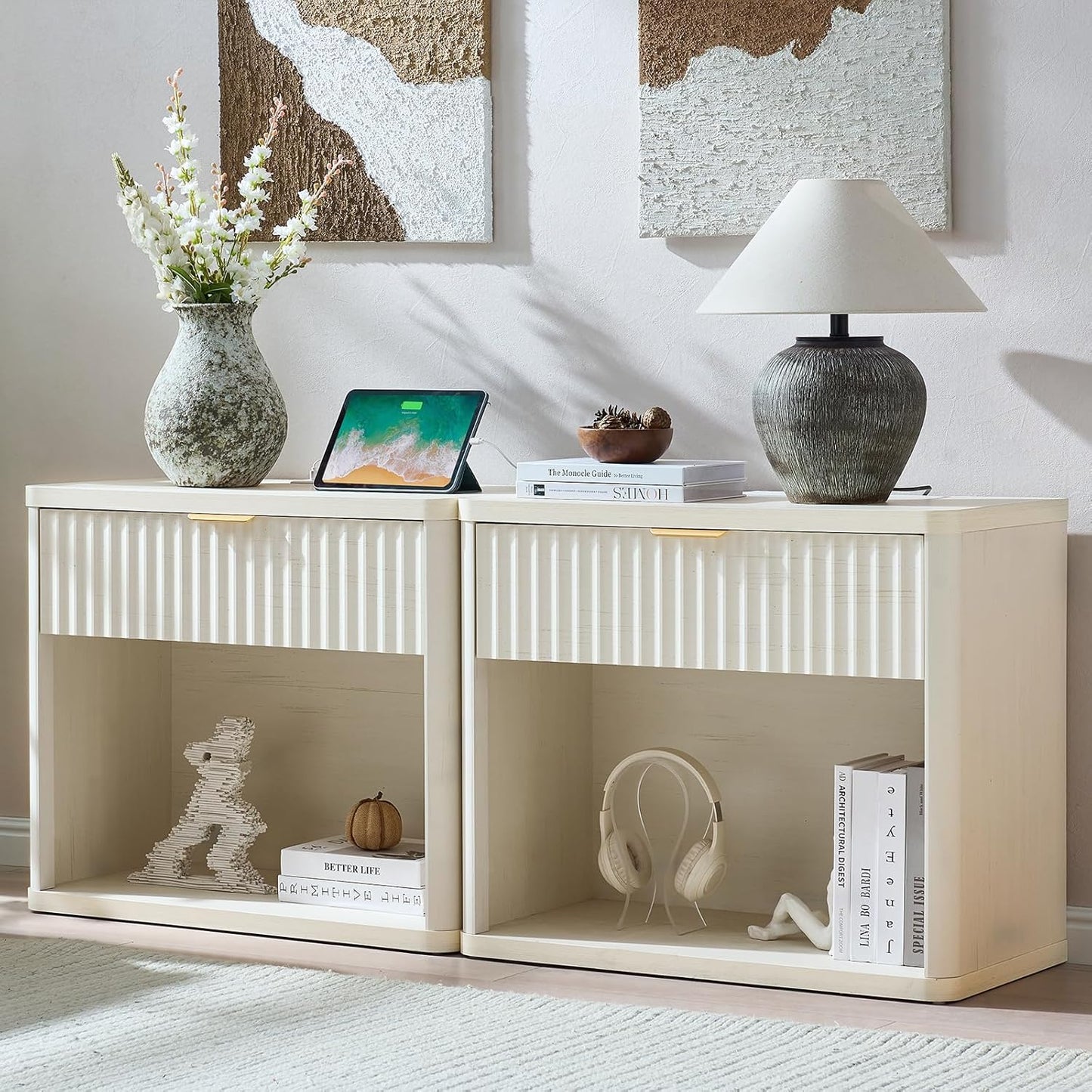 LEYAOYAO 31" Wide Fluted Nightstand Set of 2 with Charging Station, Oversized Extra Large 1 Drawer Night Stand with Golden Handle, White Wood Bedside Table Tall End Tables,for Bedroom, Living Room
