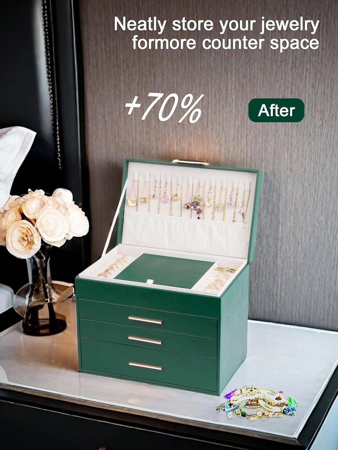 BOOVO Jewelry Boxes for Women, 5 Layer Jewelry Organizer with Necklace Hanger and Drawers, Large Jewelry Box for Earrings, Necklace and Bracelet Storage Gifts for Women and Girls (Green, 5 Layer)