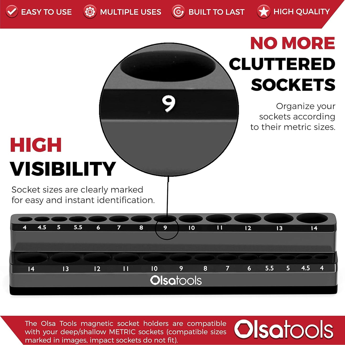 Olsa Tools Magnetic Socket Holder | 1/4-inch Drive | Metric | Black | Holds 26 Sockets | Professional Quality Tools Organizer