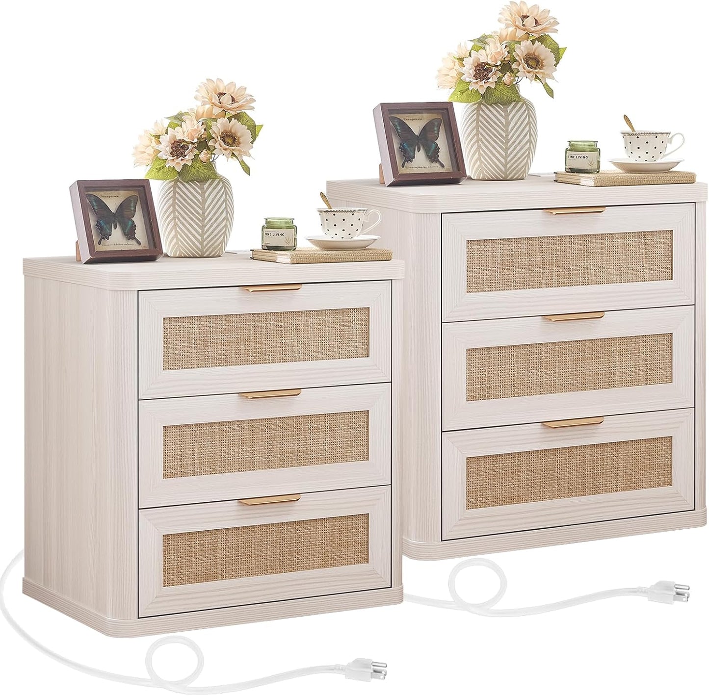 LEYAOYAO Rattan Night Stand Set of 2 with Charger Station, 23" Large 3 Drawer Boho Nightstand, Grey White Bedside Table Storage Cabinet, Bed Side End Tables for Bedroom, Living Room, Hallway