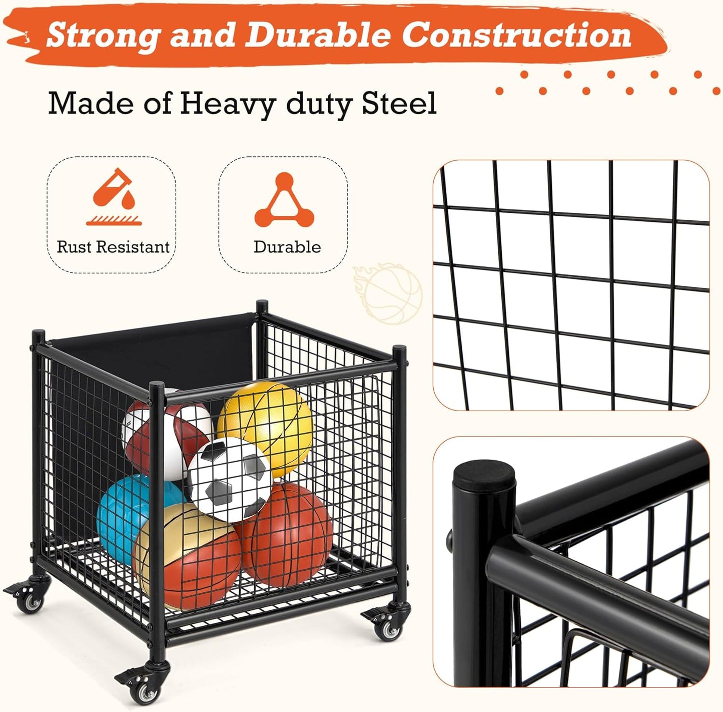 AECOJOY Ball Cart Storage, Rolling Basketball Bin with Wheels for Garage, School, Gym, Sports Equipment and Toy Organizer, Indoor & Outdoor
