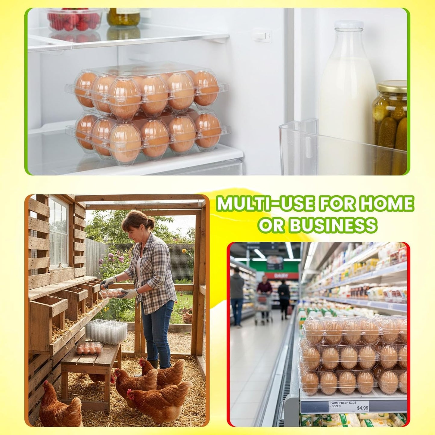 LOVEINUSA 60 Pack 12-Count Clear Plastic Egg Cartons with 60 Date Labels, Reusable PET Dozen Egg Holders for Medium Chicken Eggs, Clamshell Cartons for Farm, Home Fridge & Market Display