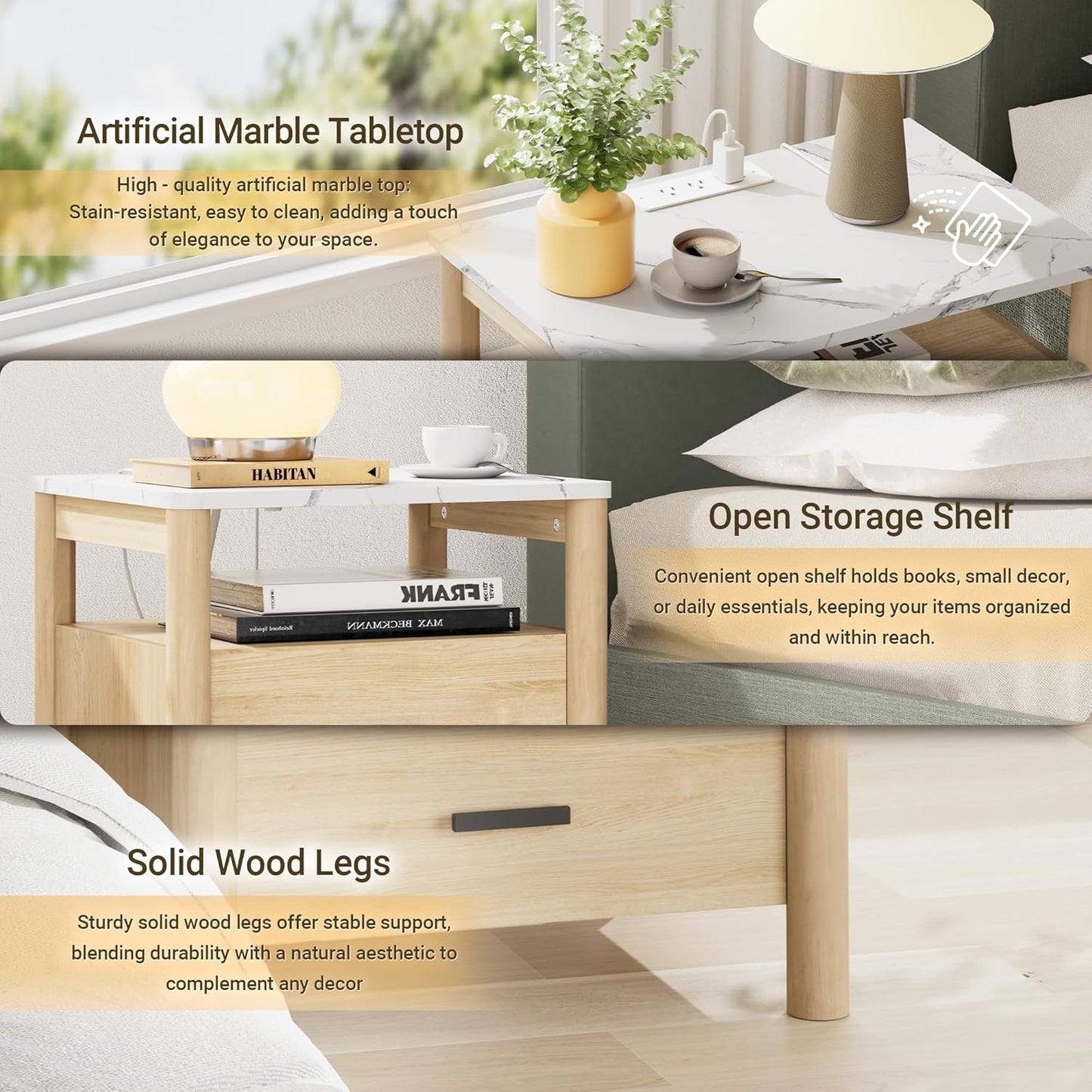 Night Stand with Charging Station, 20" Large Modern Nightstand with Faux Marble Top, 2 Drawers End Table with Solid Round Post Legs & Open Shelf for Bedroom, Natural Oak