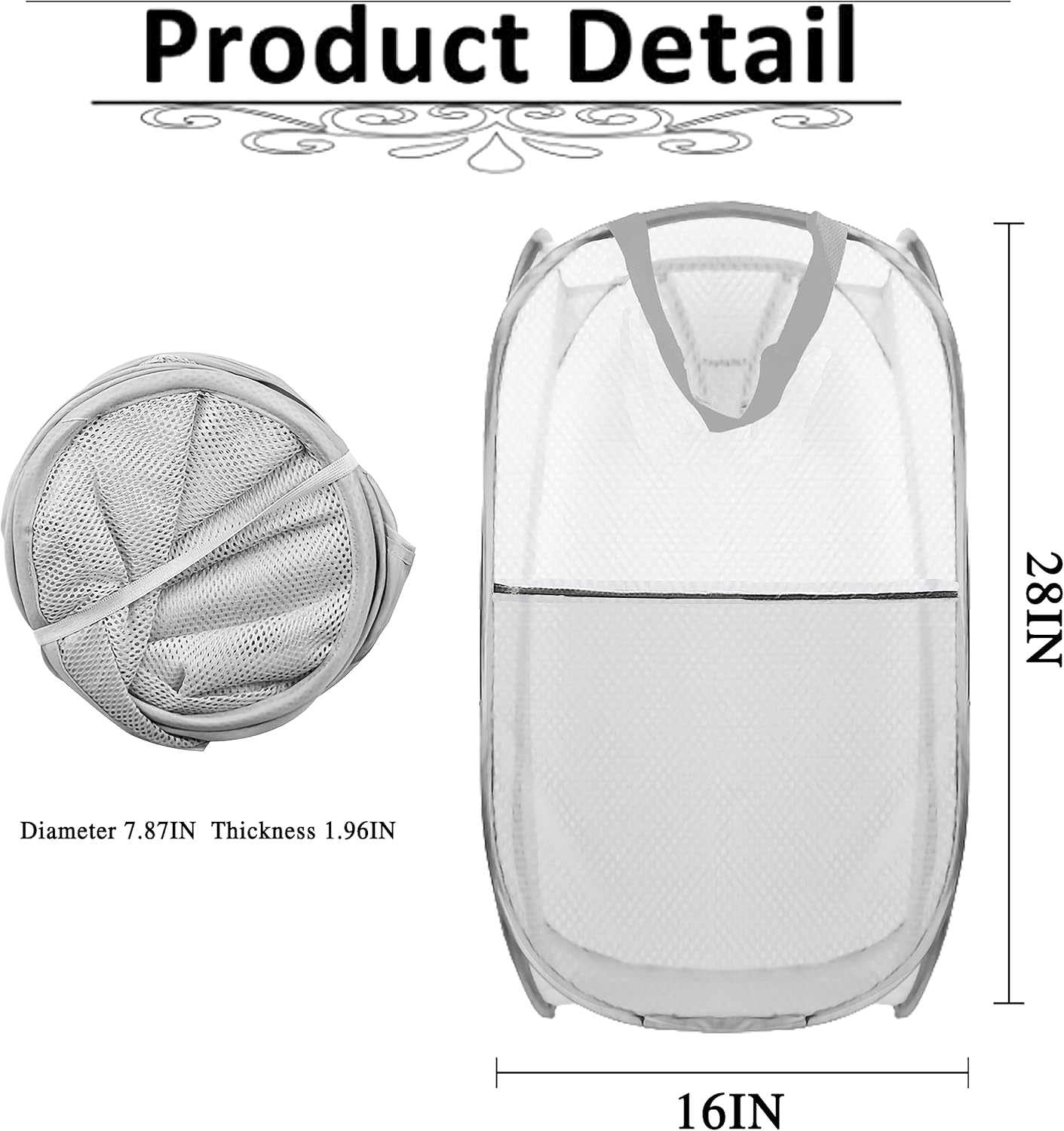 Collapsible Pop Up Laundry Hamper, Extra Large Mesh Foldable Laundry Basket, 28" x 16" x 16" (Grey)