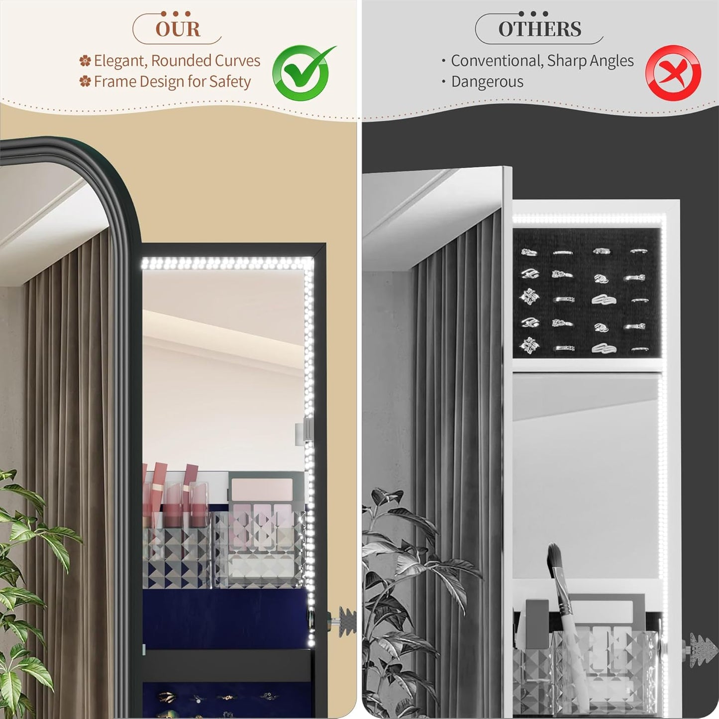 61" Full Length Mirror Jewelry Cabinet with Storage – Rotating, Lockable Jewelry Armoire with Velvet Lining, Standing Organizer for Women – Ideal Gift for Jewelry Storage & Display, Black