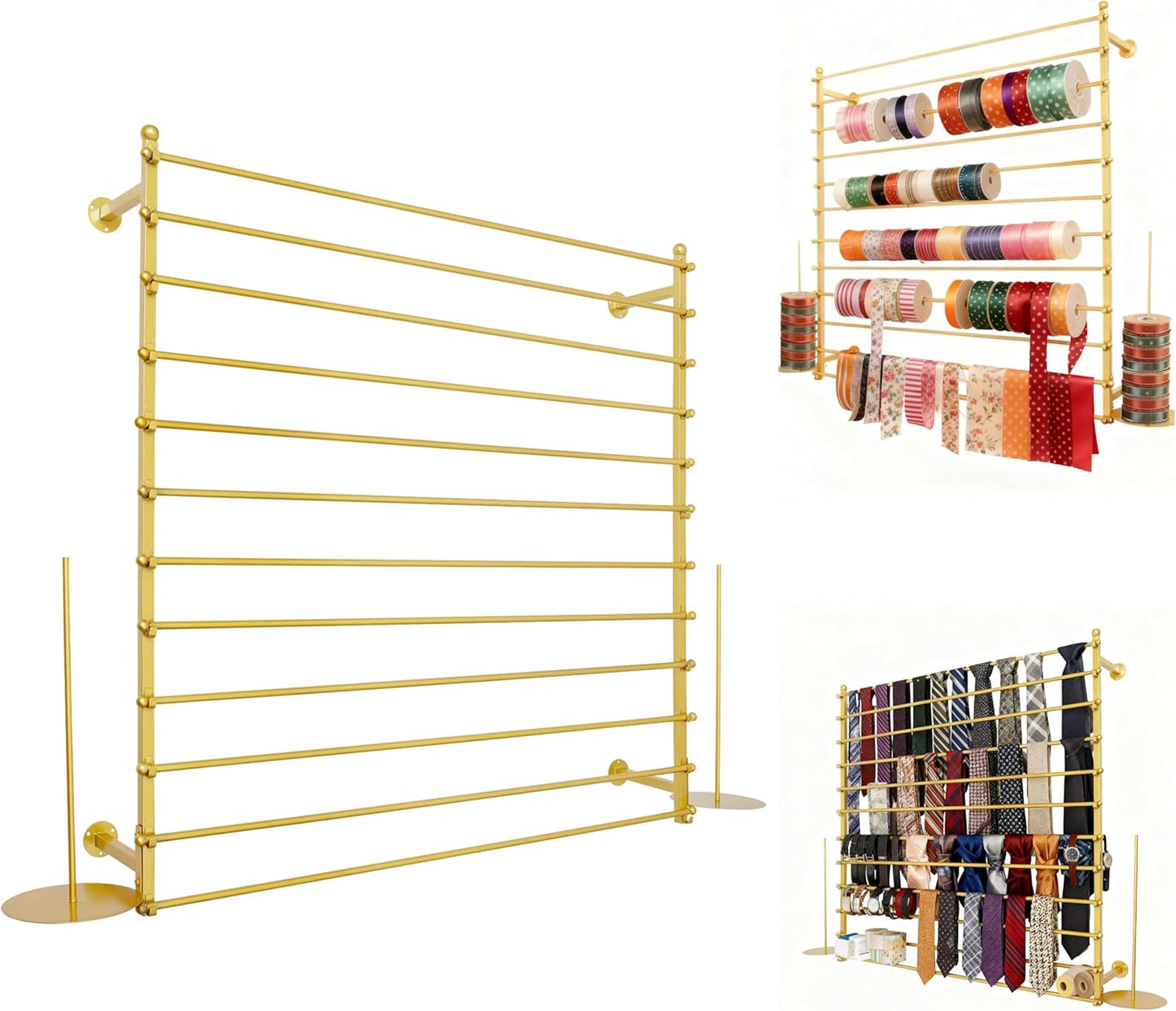12 Layers 120cm Gold Wall Display Stand Wrapping Paper Ribbon Organizer Holder Storage Scarf Tie Belt Towel Spool Sewing Tool Hijab Metal Shelving for Home, Retail Stores, Flower Shop, Studio