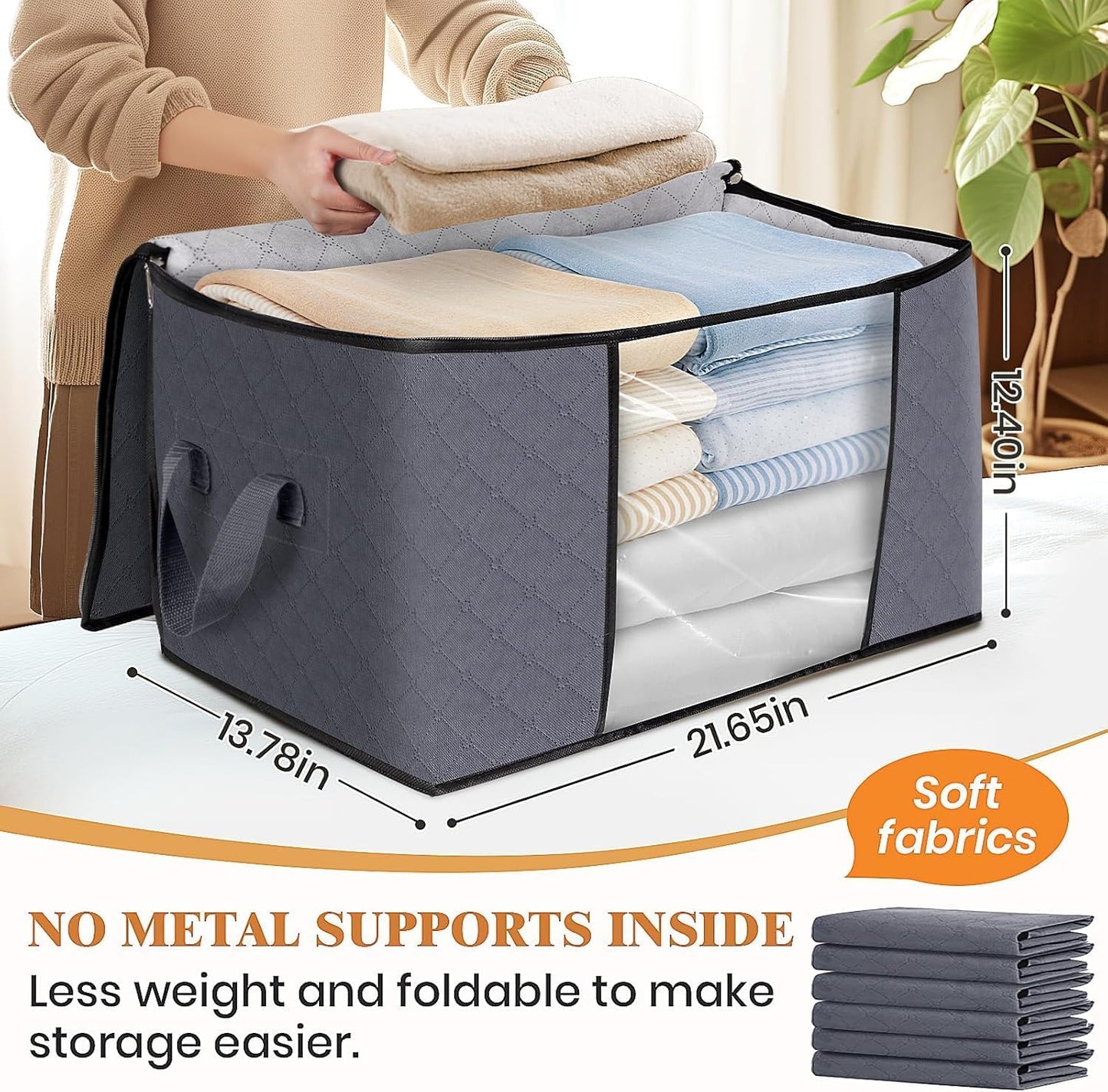 Large Clothes Storage Bags 4 Pack, Foldable Closet Organizers with Durable Breathable Fabric & Clear Window for Blankets, Comforters, Pillows, Bed Sheets, Toys & Seasonal Clothing (Gray)