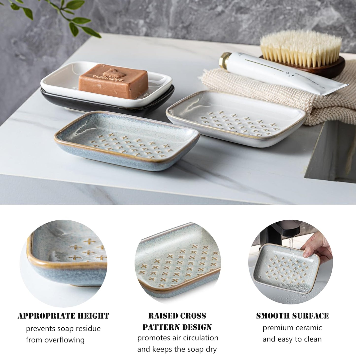 Gomakren Soap Dish, Shower Soap Holder, Ceramic Soap Dishes for Bar Soap Sponge Shampoo, Christmas Soap Saver Tray for Bathroom Kitchen Sink Counter, 5.5 Inch, Gray
