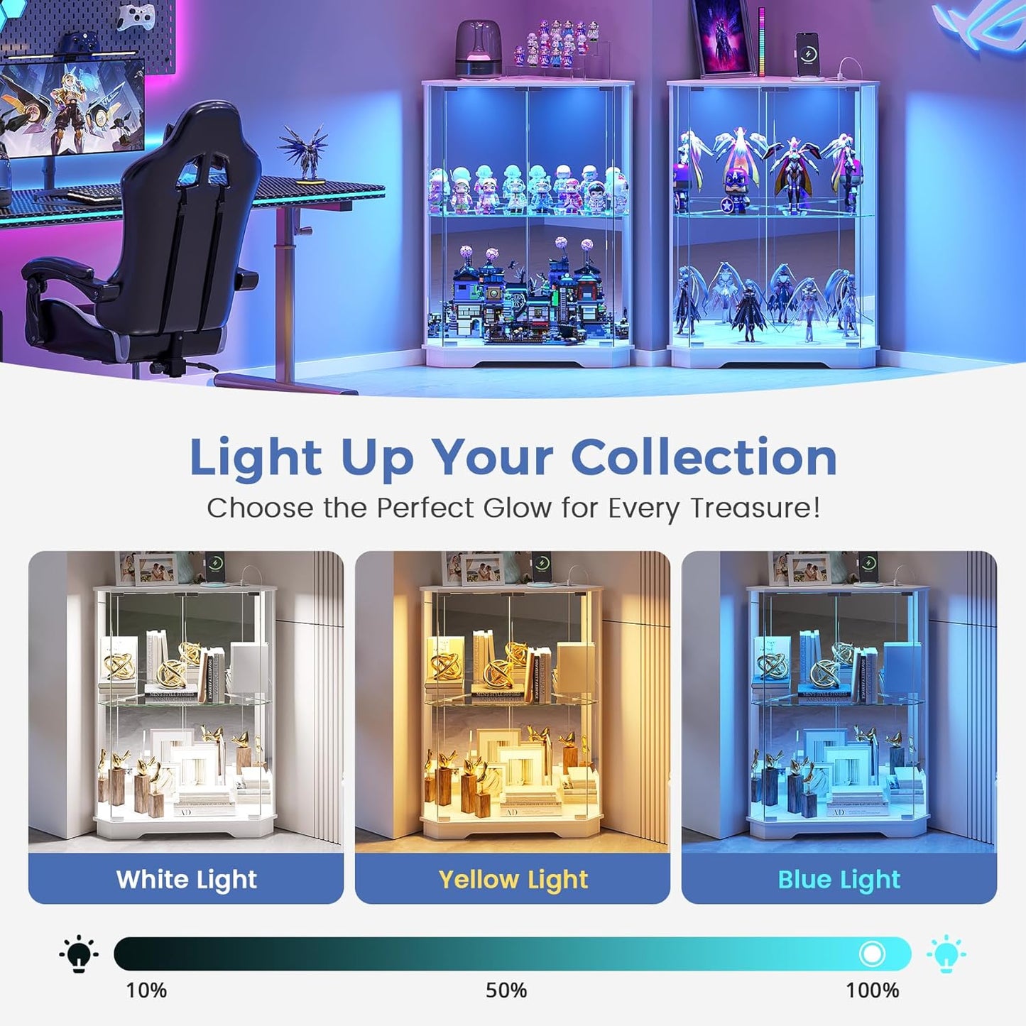 Corner Display Cabinet Set of 2 with Glass Doors, Small Display Case with 3-Color LED Lights and Charging Station, 2-Tier Curio Cabinet with Storage and Shelf, White