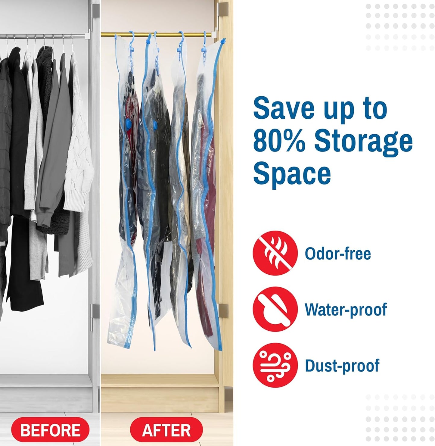 Hanging Vacuum Storage Bags for Clothes & Coats – 8 Pack (4 Small & 4 Large) Vacuum Seal Garment Bags for Hanging Storage – Space Saving Compression Bags for Clothing, Jackets – Transparent