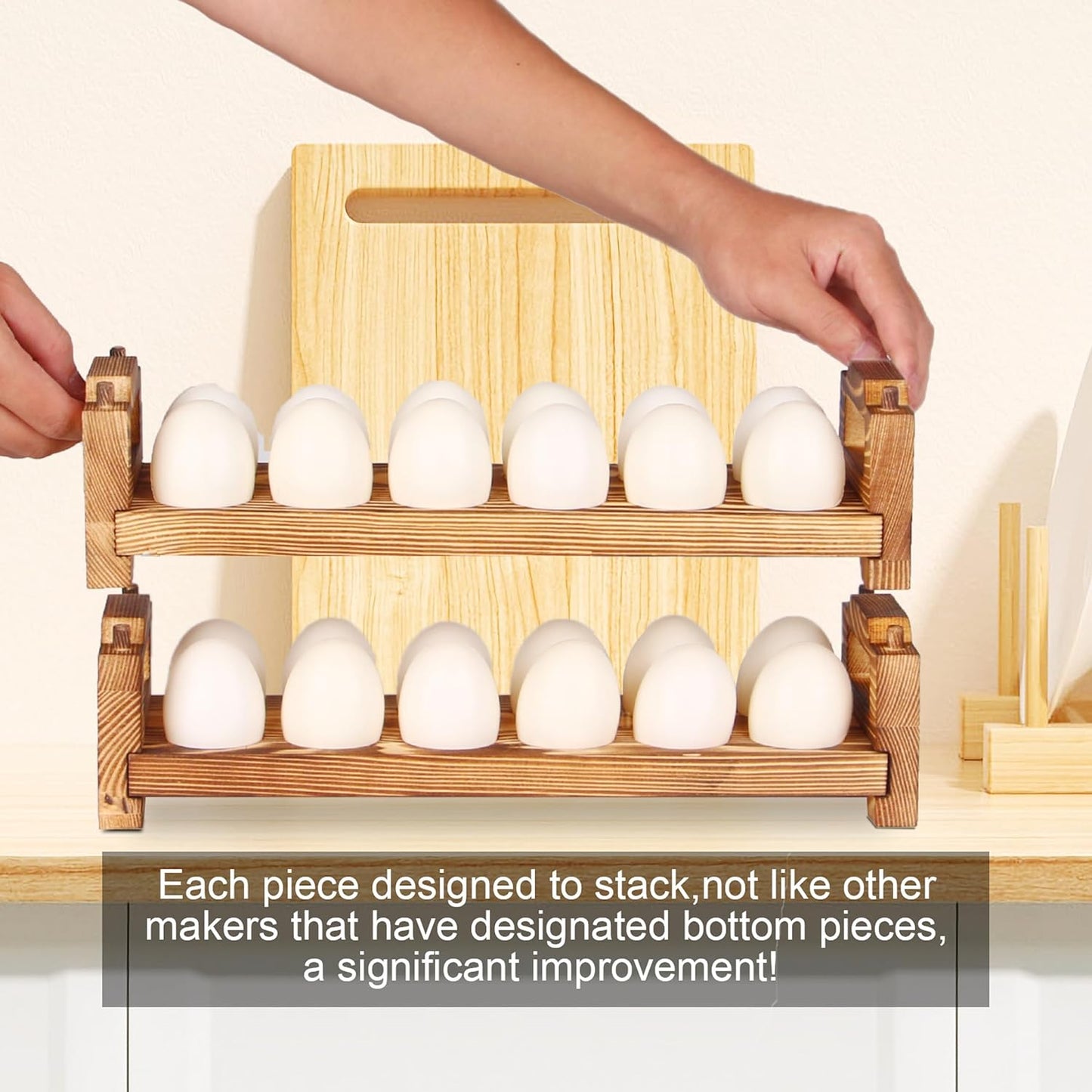 CVHOMEDECO. Wooden Egg Holder Fresh Egg Holders Countertop Firewood Egg Collecting Rack for Gathering Fresh eggs, Stackable with 24 eggs, Home Kitchen Organizer, Set of 2 PCS