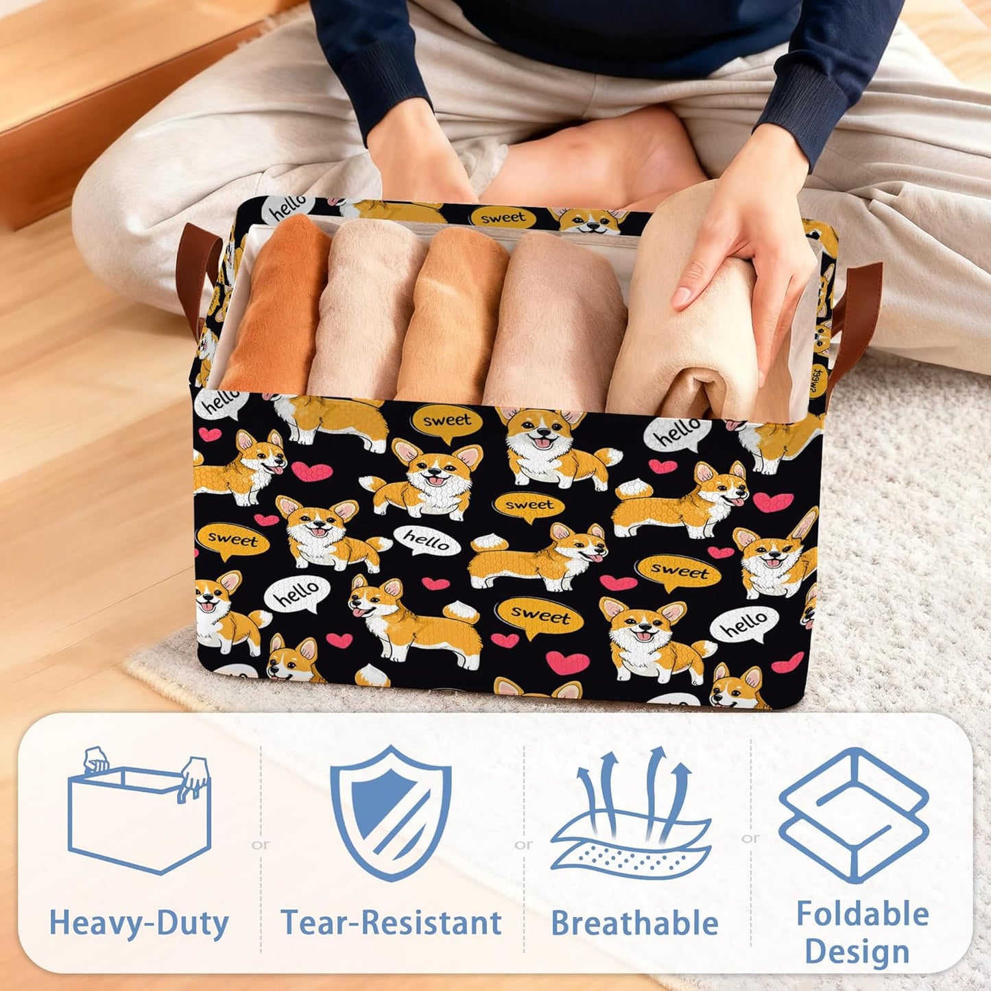Cute Corgi Dog Storage Basket,Sweet Collapsible Storage Bin Cubes for Living Room Bedroom Blankets Home Storage 17x11.5x10Inch